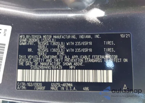 2022 Toyota Highlander Xle из США, поврежденный, VIN 5TDGZRBH4NS166439